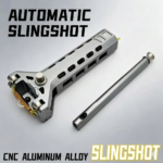 Disassembled full automatic slingshot made of CNC-machined aluminum alloy and stainless steel, showing the auto-loading magazine body and detached barrel extension on a grey background.