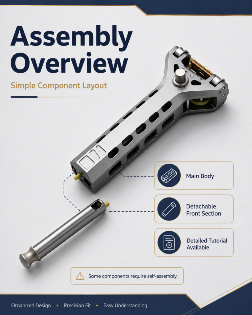 Disassembled full automatic slingshot made of CNC-machined aluminum alloy and stainless steel, showing the auto-loading magazine body and detached barrel extension on a grey background.
