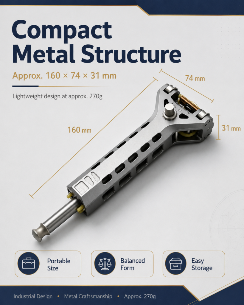 Disassembled full automatic slingshot made of CNC-machined aluminum alloy and stainless steel, showing the auto-loading magazine body and detached barrel extension on a grey background.